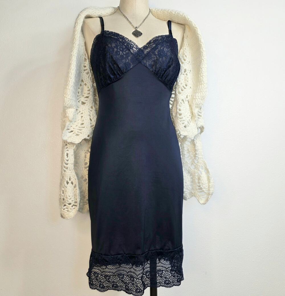 Vintage Navy Sheer Lace Slip Dress Midi Lingerie Dark Coquette Romantic